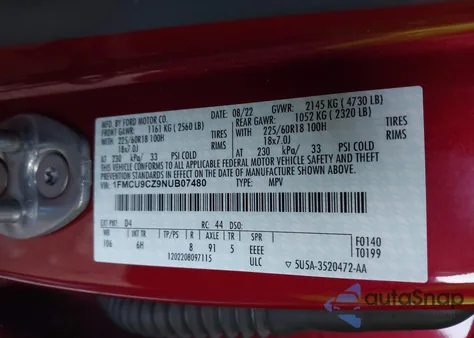 2022 Ford Escape Sel Hybrid from USA, damaged, VIN 1FMCU9CZ9NUB07480